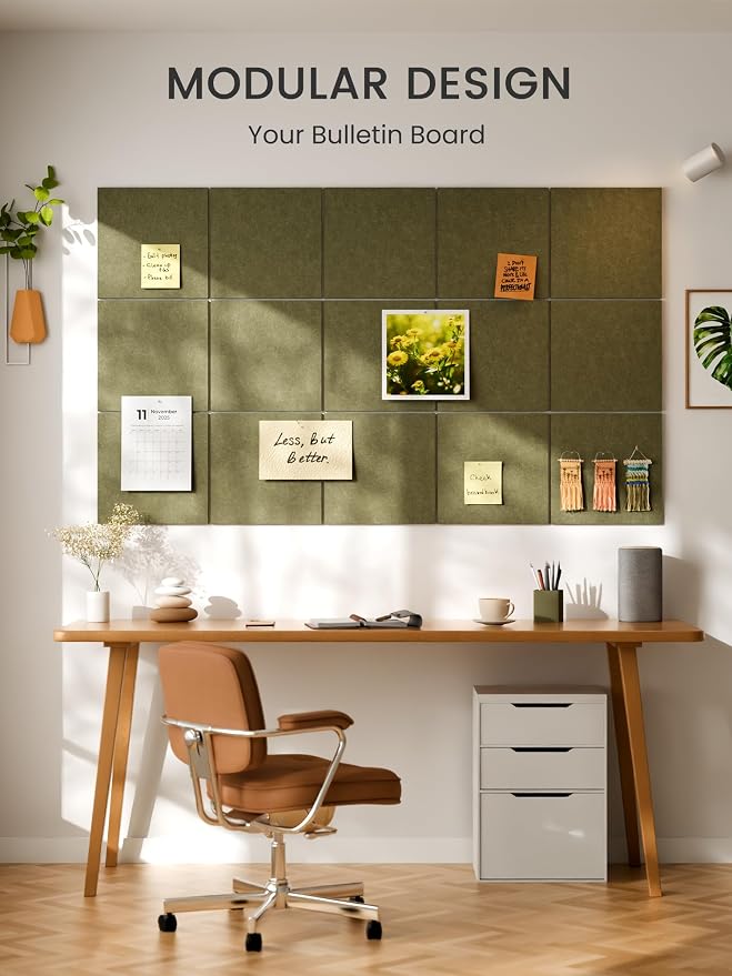 Bumusty 48" x 36" Large Cork Board Alternative, Olive Green | 12-Pack Felt Bulletin Board Tiles, 60 Adhesive Tabs, 30 Pushpins, Home, Office, Classroom, Vision Board