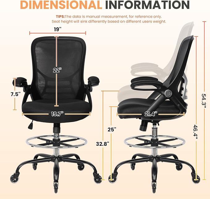 Drafting Chair Adjustable, Tall Office Chair Lumbar Support Ergonomic Standing Desk Chair Heavy Duty Tall Drafting Stool for Artists with Footrest Home Office Drafting Stool