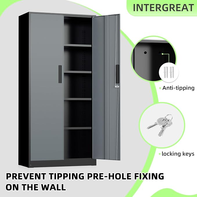 Metal Storage Cabinet, 72" Locking Steel Cabinets with 2 Door and 4 Adjustable Shelves, Tall Metal Cabinet for Home Office, Garage, Warehouse,(Black+Grey)