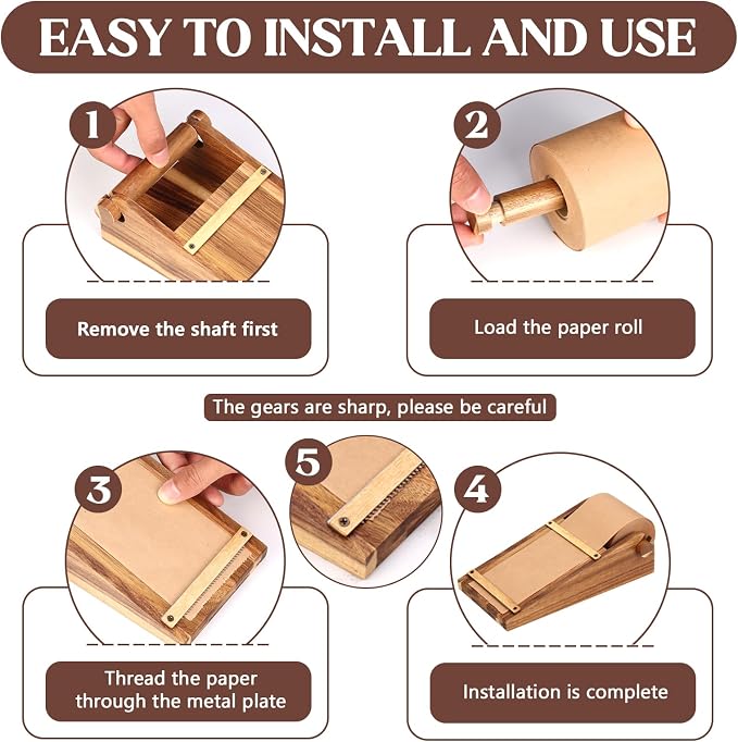 Note Paper Roll Dispenser Desktop Kraft Paper Roll Dispenser Holds 3” Wide with 98ft Wooden Note Taking Roller Holder Tearable Cutter Grocery List Sticky or Home