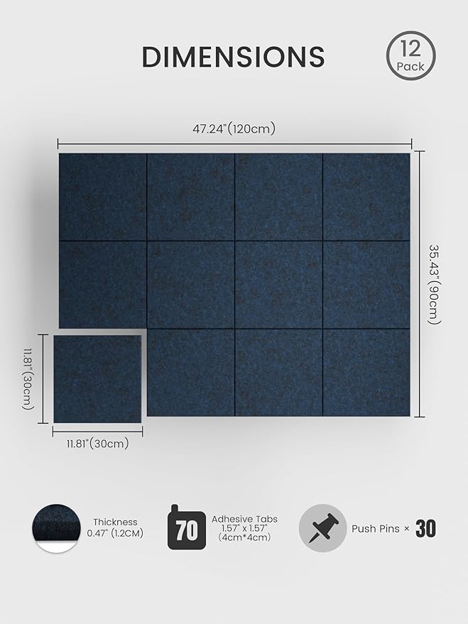 Bumusty Large Cork Board 48" x 36" Alternative - 12 Pack Felt Wall Tiles with 70 Safe Removable Adhesive Tabs, 30 Pushpins, Cork Boards for Walls Pin Board Bulletin Board Office Decor (Carbon Blue)