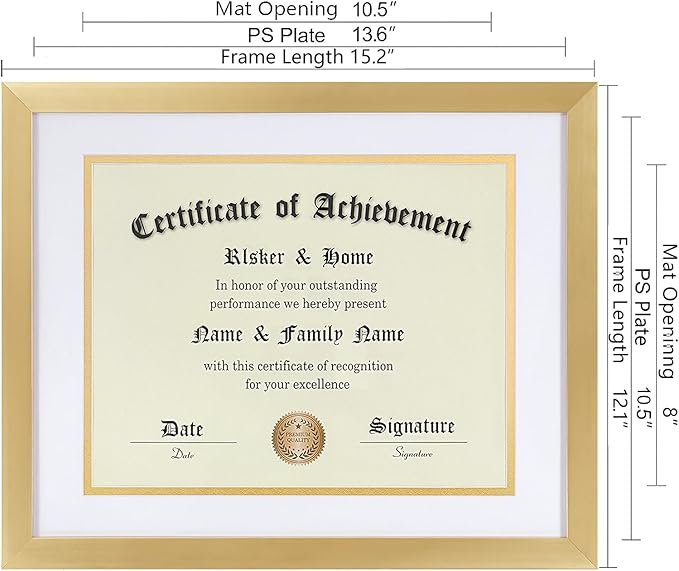 ELSKER&HOME 8.5 x 11 Certificate Frame 2Pack- Classic Gold Color Frame - Displays Diploma 8.5x11 Inch with Mat - 11x14 Inch Without Mat - For Document/Photo(Double Mat - Matte White with Gold Rim)