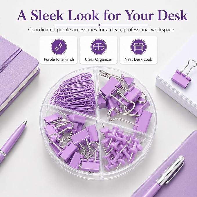 Paper Clips Binder Push Pin Set, Assorted Sized Binder Clips | Cute Office Supplies, Aesthetic Desk Accessories Teachers Desk Must Have, Paper Clips and Binder Clips Set, Purple, 1 Pack