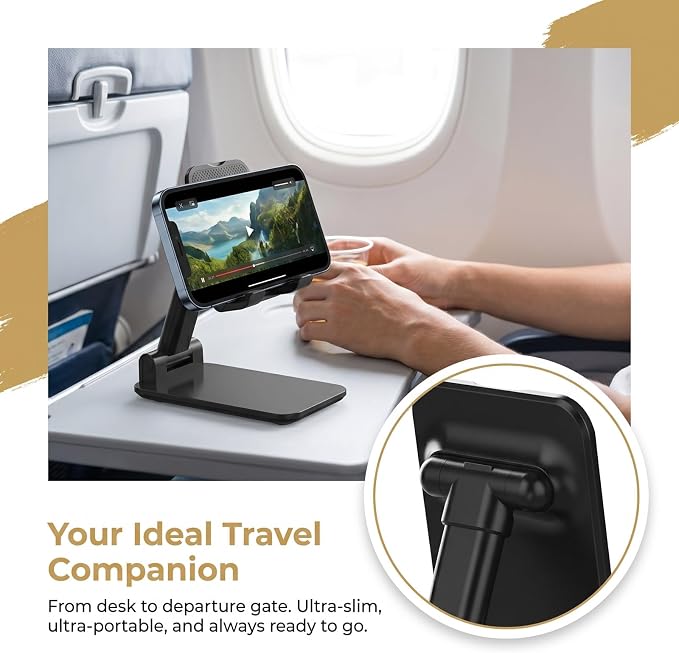 Phone Stand for Desk Cell Phone Holder Stands for iPhones, Black | Mini, Cute, Portable, Fully Foldable, Under 8" Devices, All Smart phones, Office Accessories
