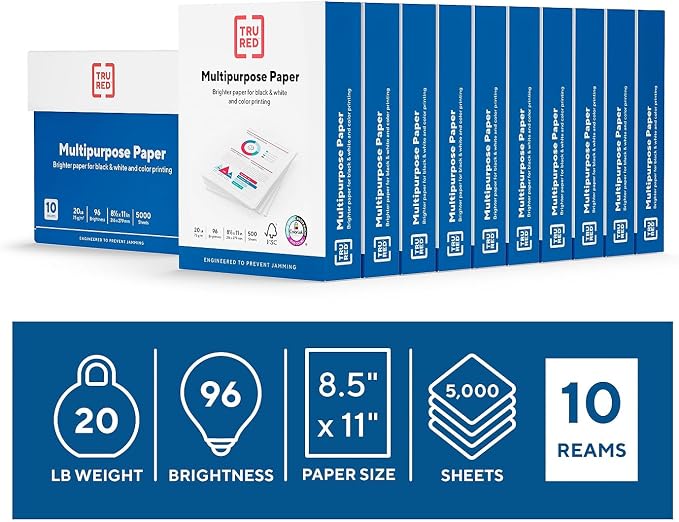 TRU RED Printer Paper, 8.5 x 11 Inch, 20 lb., For Office, School & Home | Reliable multipurpose white paper sized for everyday printing, copying, and faxing needs.