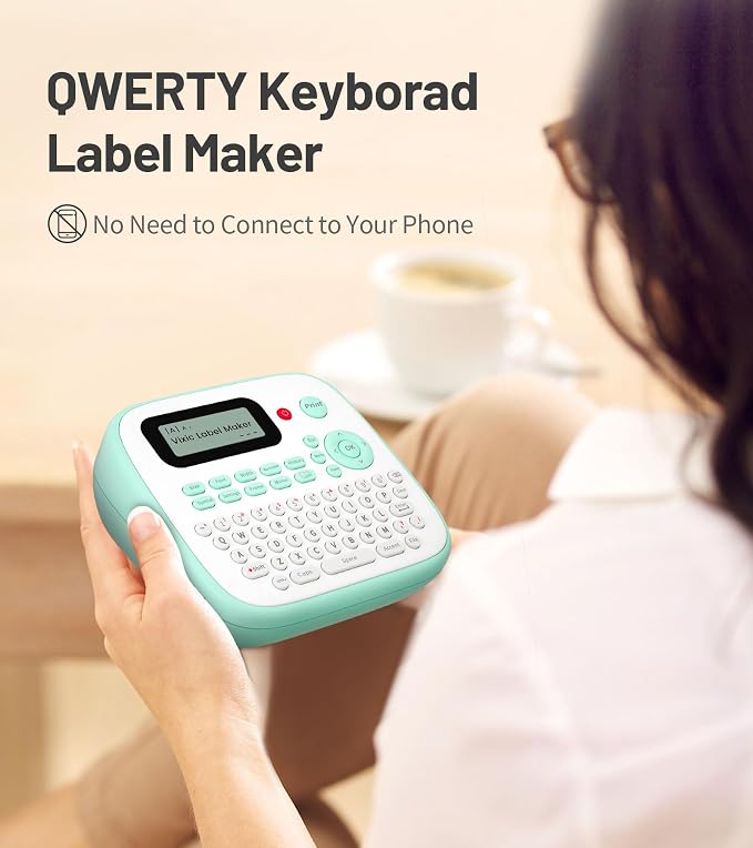 Vixic Label Makers, Label Maker with Different Fonts, D210S Labeler Machine | Portable Labelmaker Machine with QWERTY Keyboard, 12mm Laminated Waterproof-Labels for Home Office School Kids Items