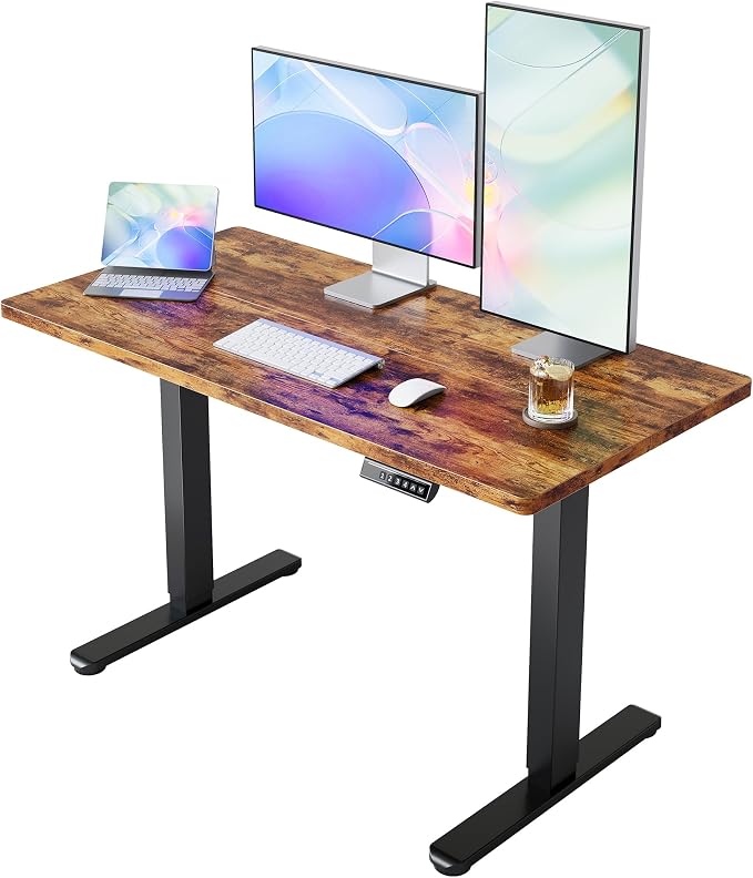 HUANUO 43x24 Inch Electric Standing Desk, Height Adjustable, Rustic Brown | 176 Lbs Capacity, Smooth Home Office Desk, 4 Memory Presets & Headphone Hooks, 28.3–46.5 Inch Height Range, Easy to assemble