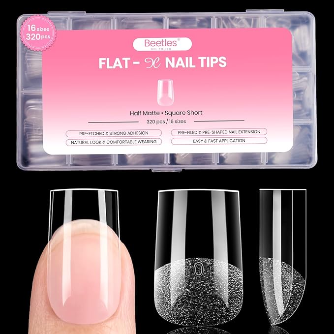 Beetles Gel Nail Tips Square Short, 320pcs 16 Sizes(00-14), Flat-X Pre-Etched Half Matte Full Cover Soft Gel Nail Tips, Natural Clear Press on False Nail Supplies, Easy DIY Nail Extension Salon Art