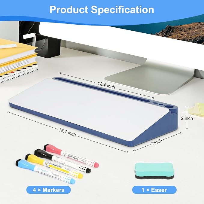 Desktop Glass Whiteboard with Storage, Desk Dry Erase White Board Blue | Computer Keyboard Stand, Office Desk Organizers and Accessories with Drawer, To Do Memo Notepad, Home School Supplies