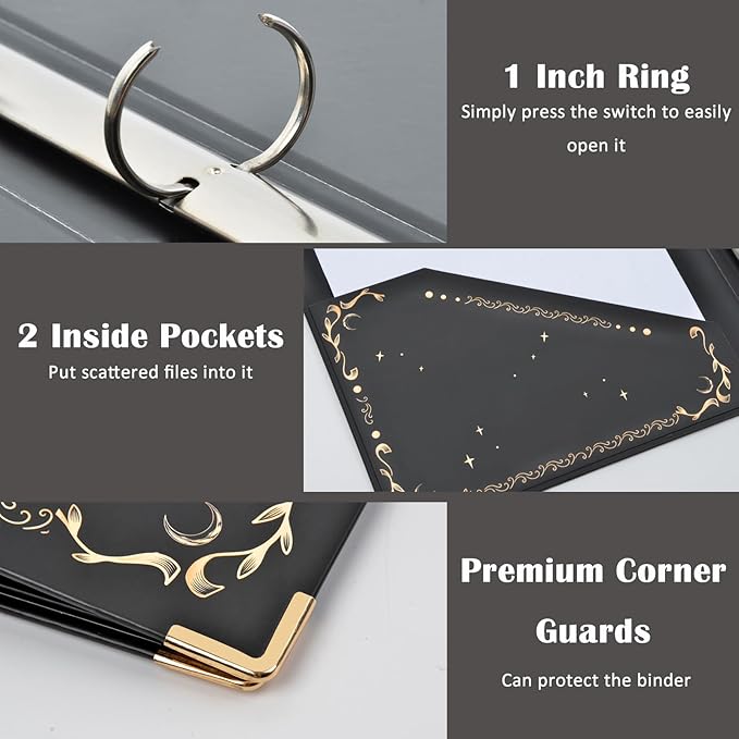 3 Ring Binder 1 Inch Three Ring Binder Cute Binder Fits A4 Paper Decorative Clipboard Binder with 5 Tab Dividers for School Office Supplies(Black Gold Sun Moon)