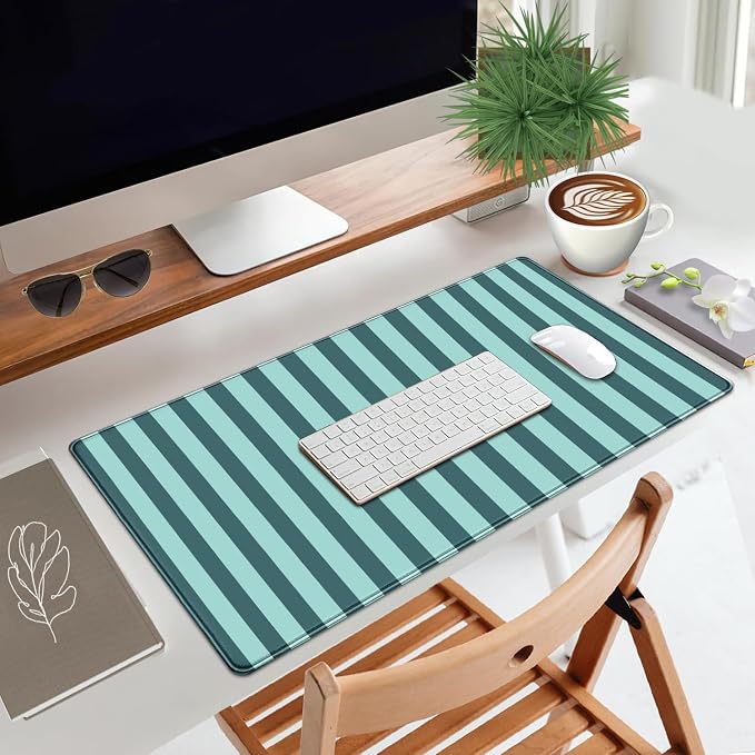 Teal Blue Striped Desk Mat Cute Pastel XXL Large Gaming Mouse Pad Desk Pad Kawaii Cozy Aesthetic Keyboard Laptop Computer Mat