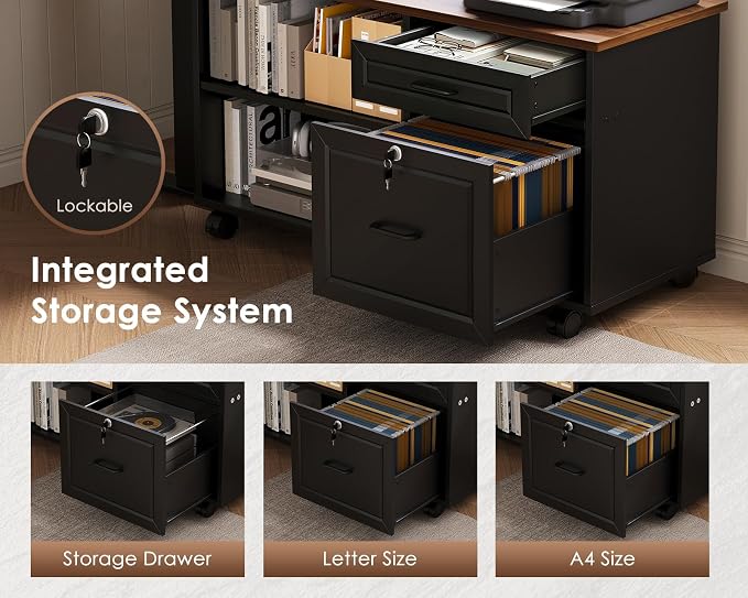 48" L Shaped Electric Standing Desk with Cabinet Sets, Walnut/Black | Mobile Drawers & File Cabinet Sets for Flexible Layout, Height Adjustable Executive Stand Up Desk for Home Office Workstation