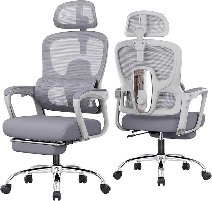 Ergonomic Office Chair with Footrest, 90-145° Reclining Desk Chair with Adjustable Lumbar Support & Headrest, High Back Mesh Computer Chair for Home Office/Gaming, 350lbs Capacity