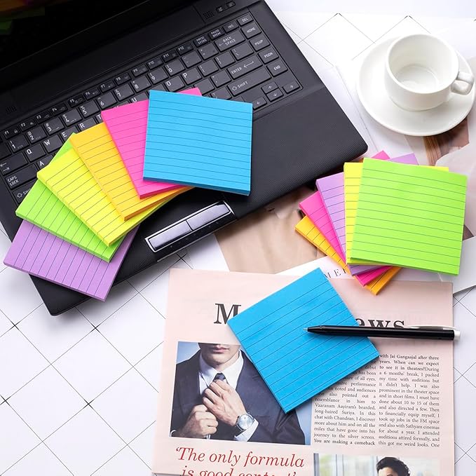 (12 Pads) Lined Sticky Notes 4x4 in, 6 Bright Colors Self-Stick Note Pads | Strong Adhesive, 47 Sheets/Pad