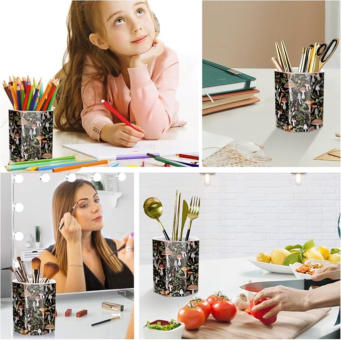 Cute Ceramic Pen Holder for Desk, Pencil Pen Cup, Makeup Brush Holder, Desktop Supplies and Accessories for Women, Pen Pencil Stationery for Office Home Art Supply, Mushrooms Pattern