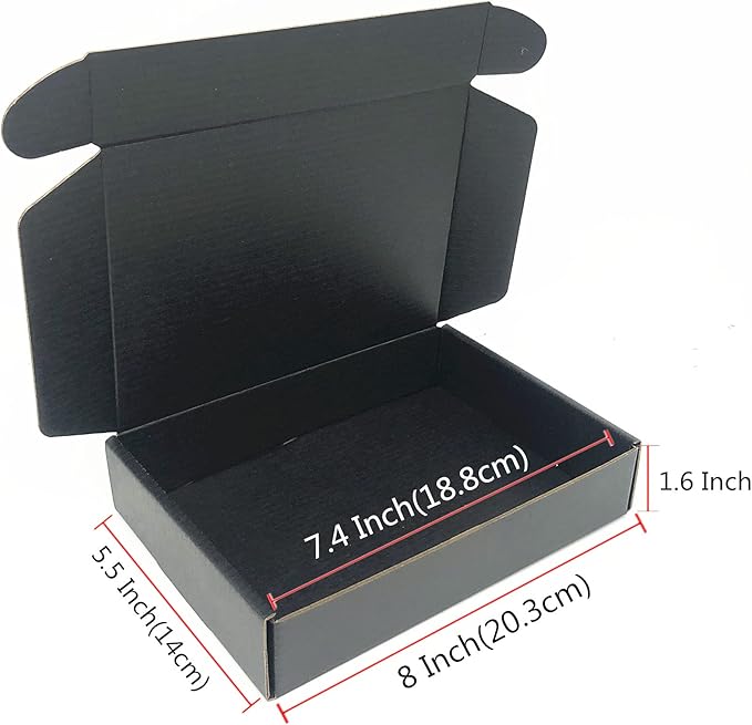Black Cardboard Shipping Box Mailers 8 x 5.5 x 1.6 Inch Corrugated Packaging Storage Boxes 25 Pack (Inside Size: 7.4 x 5.3 x 1.4)
