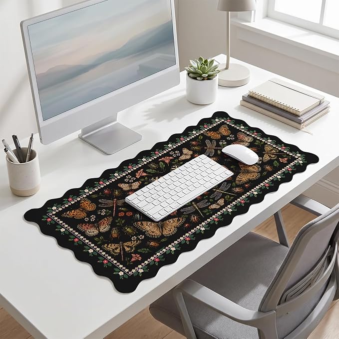 Vintage Butterfly Garden Scalloped Mouse Pad Dragonfly Ladybug Beetle XL Mouse Pad Large Mousepad Extended Laptop Keyboard Mat Gaming Desk Pad Office Computer Keyboard Laptop Home 31.5"x15.7"