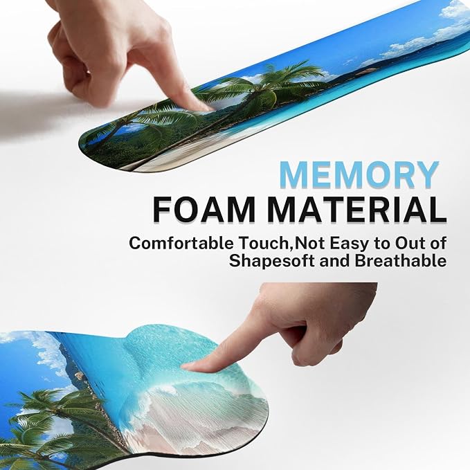 Arttown Keyboard Mouse Pad Set, 4 in 1 Desk Mat Set Tropical Beach Ocean | Summer Sunshine Large Mousepad+Keyboard Wrist Rest+Mouse Wrist Rest+Coaster Ergonomic Design for Home Office Computer