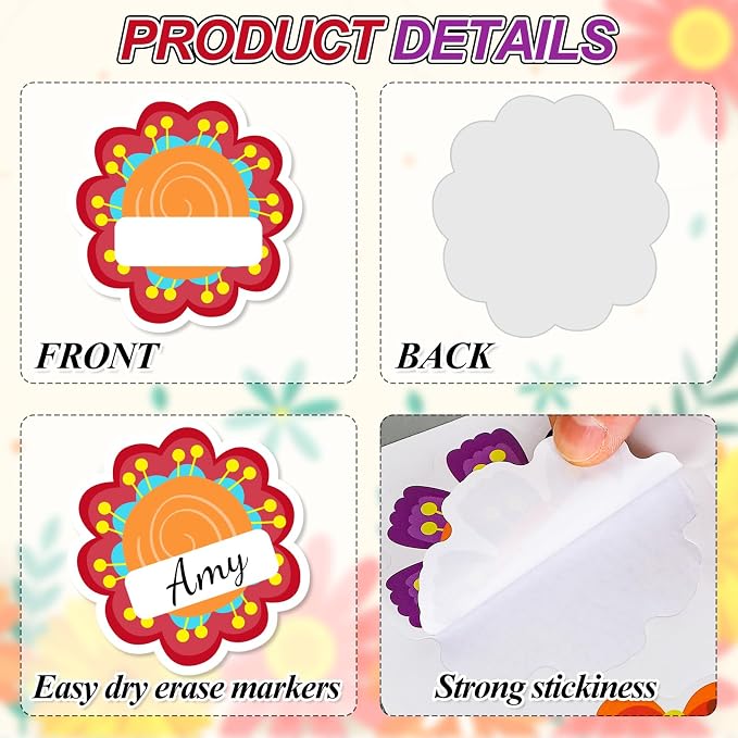 Whaline 90 Pcs Back to School Floral Name Tag Stickers Colorful Funny Flower Shape Nameplates Self-Adhesive Label Decals for Students Desk Classroom, 9 Designs