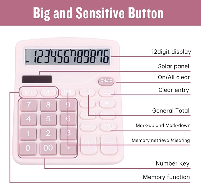 Cute Pink Desktop Calculator with Big Buttons, Dual Power Source, Solar and Battery, Large Display Screen - Perfect for Office, Teachers, and Students (Pink)
