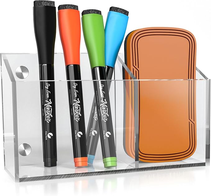 Acrylic Magnetic Marker Holder for Whiteboard Pen Organizer 2 Compartments Teacher Classroom Organization Magnetic Pencil Holder for Refrigerator Classroom Decor Office Modern White Board Accessories