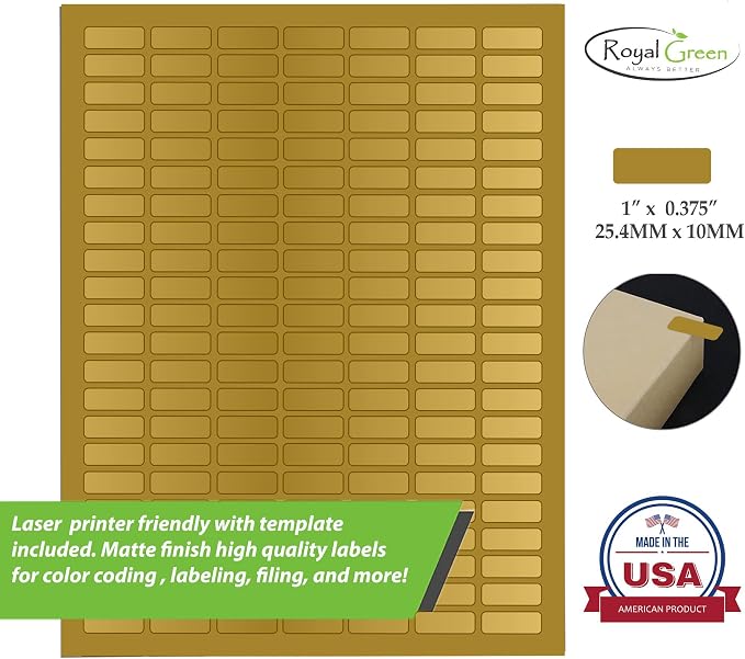 Printable Rectangle Labels, 1 x 0.375 Inch - 1540 Pack | Gold printable labels for inkjet & laser printers. Template included.