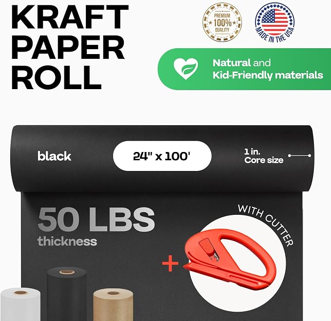 Black Kraft Paper Roll 24" x 1200" (100 feet) with Cutter- USA-Made | Wrapping Paper for Packing, Moving, Shipping & Crafts/Arts - 100% Recyclable Natural Craft Material by IDL Packaging