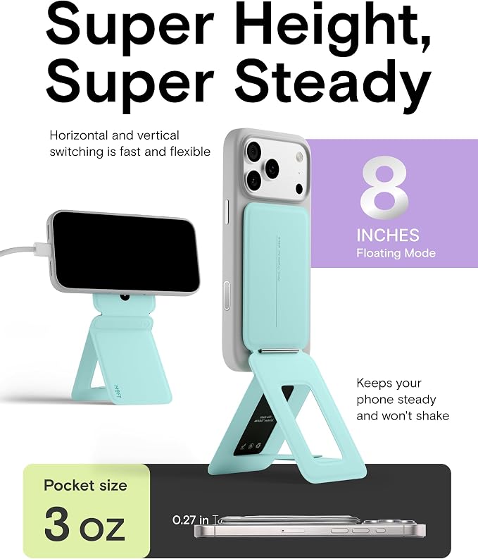 MOFT Phone Stand, Magnetic Phone Tripod Stand Stain-Resistant MOVAS Leather & Angle Adjustment & Strong Magnets Tripod for iPhone 17/16/15/14/13/12 (Included Metal Ring)-Aqua