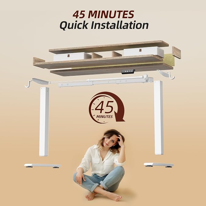 TIQLAB Standing Desk with Two Drawers, Stand Up Standing Desk Adjustable Height, Electric Sit Stand Table with Storage Shelf and Splice Board, 55 * 28 inch, Maple