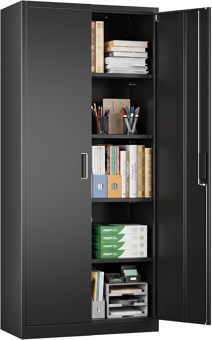 Metal Storage Cabinet with Doors and Shelves, 71" H Locking Steel Garage Cabinet for Home Office Studio Pantry,Tall Tool File Cabinet Black, Assembly Require