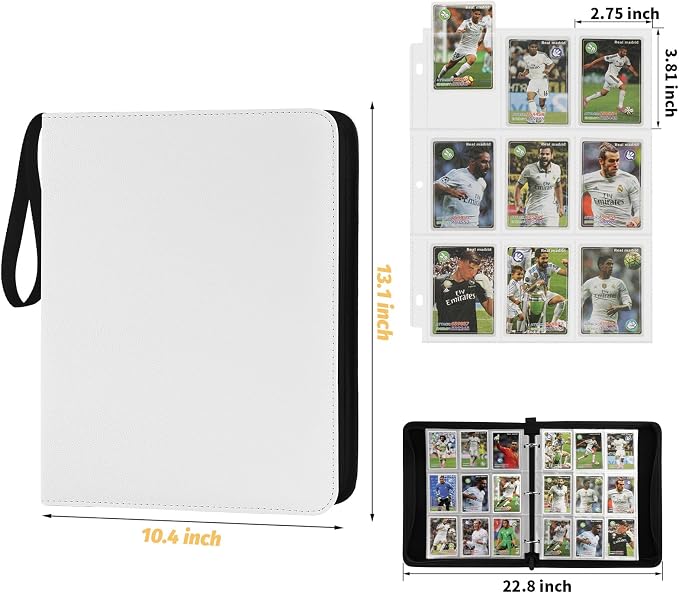 GERMUN 3 Ring 9 Pocket Zipper Card Binder, 720 Double Sided Standard PU Trading Card Album Folder for TCG & Sports Cards, Not Fit Top Loaders (white)