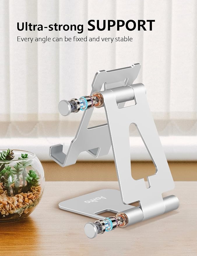 Aoviho Foldable Cell Phone Stand for Desk, Holder for iPhone,Silver | Folds Flat for Easy Storage, Hands-Free Viewing, Fits iPhone 17/16/15 Series & Samsung Galaxy, Ideal for Office & Home