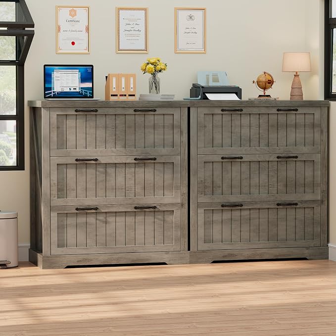 SEDETA File Cabinet for Home Office, Farmhouse 3 Drawer Filing Cabinet, Wood Office File Cabinets for Letter/Legal/A4 Size, Lateral File Cabinets with Printer Stand, Grey