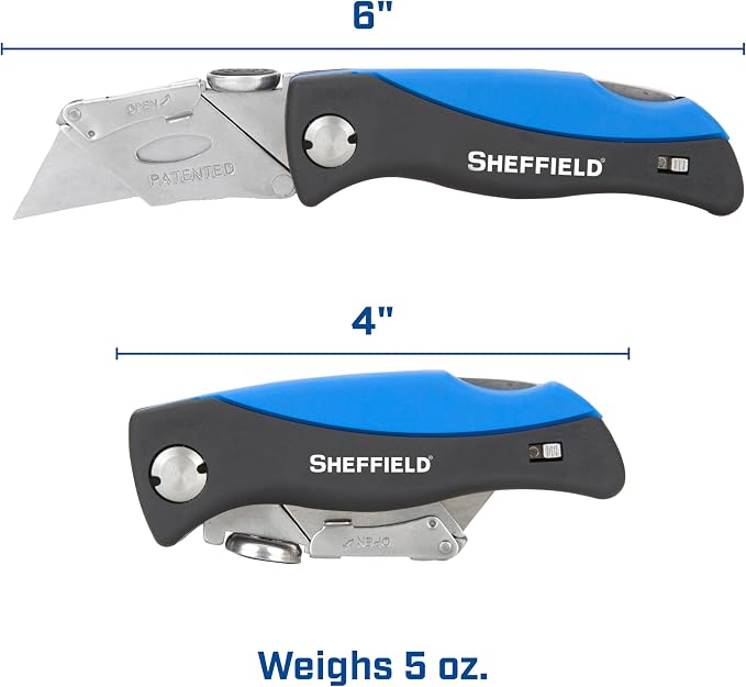 Sheffield 12119 Utility Knife & 5 Utility Knife Blade Storage Compartment | Utility Knife Accepts Standard Utility Blades For Home, Office, Trades, and Warehouse