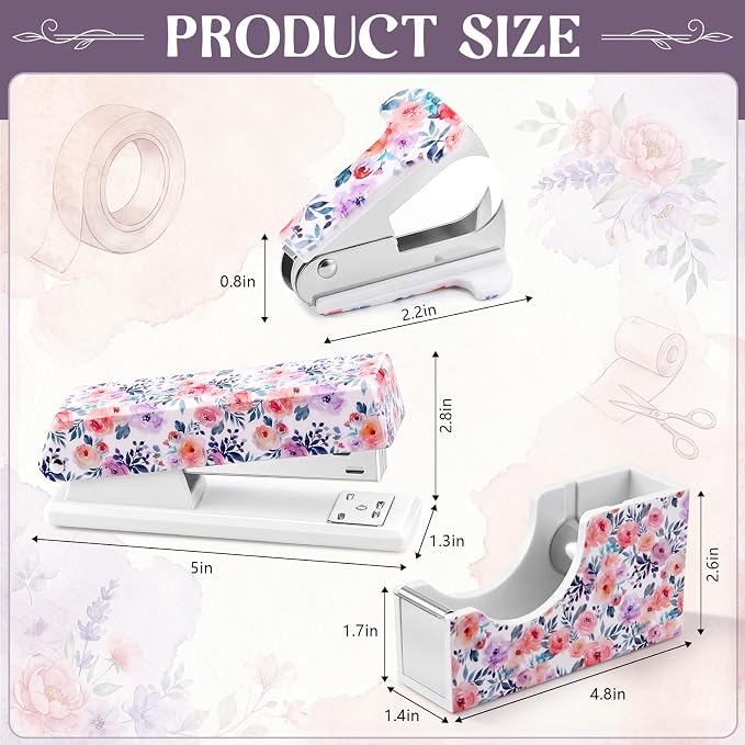 Eaasty Floral Stapler and Tape Dispenser Set for Women, Rose | Cute Office Supplies Set with 2 Tape Rolls, Staple Remover and 1000pcs 24/6 Staples, Teacher Desk Accessories for Women