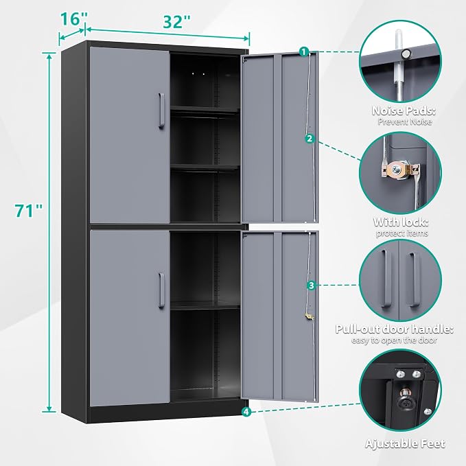 Metal Storage Cabinets with Doors and Shelves,71" Metal Garage Storage Cabinet with Lock,Gray Steel Cabinet with Locking Doors,4 Door Lockable Cabinets for Garage,Home,Office