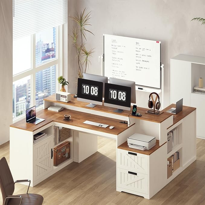 63" Farmhouse L Shaped Desk with Drawers and Printer Stand for Home Office | Computer Desk with Power Outlet, Home Office Desk with Storage Shelves and Monitor Stand, Brown and White