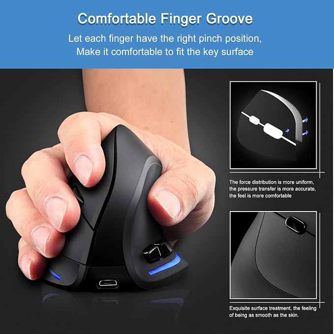TRELC Ergonomic Mouse, 2.4G Wireless Vertical Optical Mouse with Adjustable Sensitivity (1000/1600/2400 DPI), 6 Buttons for PC, Desktop, Laptop, Notebook (Black)