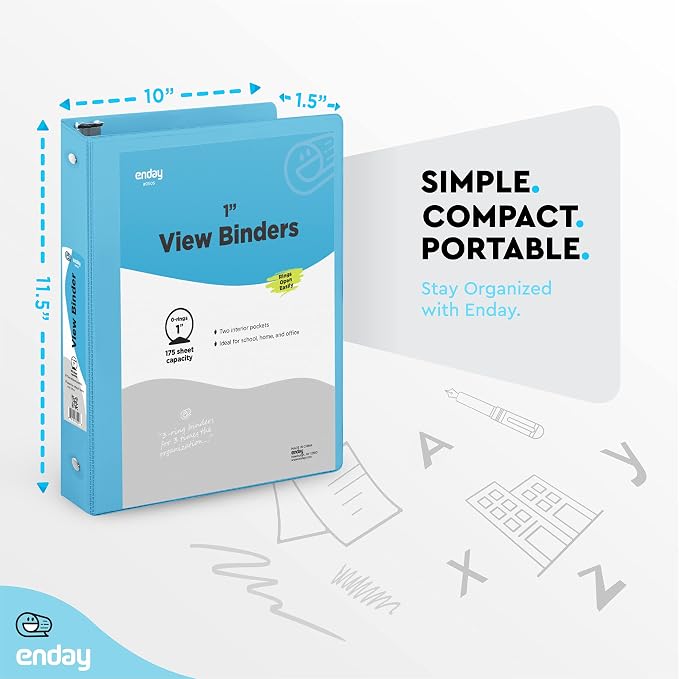 Enday 1 Inch Binder, Blue 3 Ring Binder 1 Inch, Heavy Duty Three Ring Binder, 175 Sheets Capacity - One Inch Binder for Home School and Office.