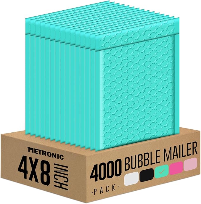 Metronic Bubble Mailers 4x8 Inch 4000 Pack Teal Usable Size 4x7'' Waterproof Bubble Mailer Padded Envelopes Self Seal, Cushioning Poly for Packaging, Shipping, Mailing, Small Business Supplies