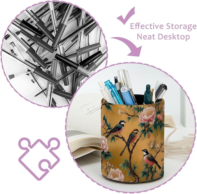Leather Pen Holder for Desk, Peony Bird Pencil Cup Pen Organizer Makeup Brush Holder for Office Home Kids Countertop Desk Accessory Storage