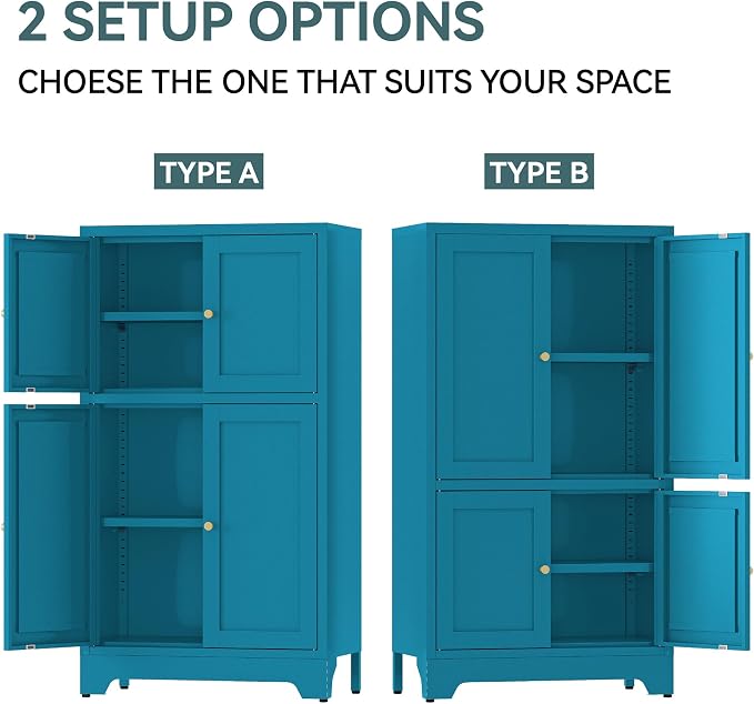 YAUWOH Blue Bathroom Floor Cabinet, Metal Storage Cabinet with 2 Adjustable Shelves & 4 Doors,Freestanding Sideboard for Dining Room,Living Room, Home Office