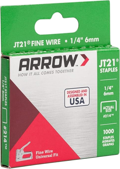 Arrow 214 JT21 Thin Wire Staples for Staple Guns and Staplers, Use for Upholstery, Crafts, General Repairs, 1/4-Inch Leg Length, 7/16-Inch Crown Width, 1000-Pack, Grey | 1/4" Leg Length, 7/16" Crown Width, Heavy-Duty Galvanized Steel, Use for Upholster...