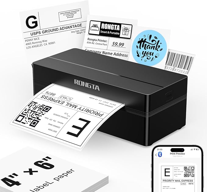 Rongta Shipping Thermal Label Printer, Bluetooth 4x6 Sticker Label Maker Wireless Shipping Label Printer for Package Small Business Compatible with Windows macOS Android iOS (Black)