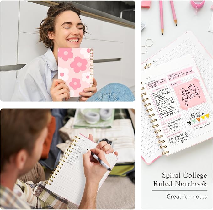 Lined Spiral Journal Notebook for Work A5, 160 Pages, Pink and White Flower | College Ruled Spiral Journal for Women, Hardcover with Elegant Design for Note-Taking, 5.5 * 8.25 inch