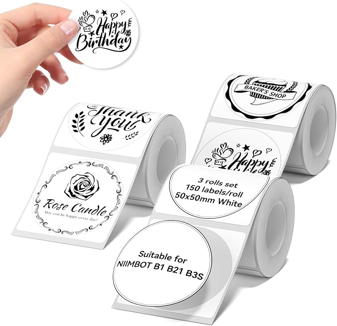 NIIMBOT Labels for B1/B2/B21/B31/K3 Sticker Printer, 50x50mm, White Round | 3 Rolls Set, 1.97'' x 1.97'', 150 Labels/Roll, Refill Labeling Tape for Home School Office Small Business