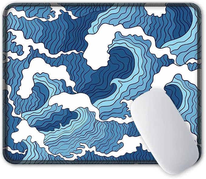 BOSOBO Mouse Pad, Square Anti-Slip Rubber Gaming Mousepad, Premium-Textured & Waterproof Mouse Mat with Stitched Edge, Cute Office Mouse Pads for Women Men Computer Laptop, 10" x 8", Japan Blue Wave