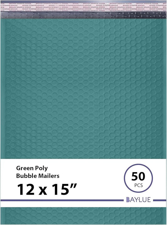 Green Large Poly Bubble Mailers 12x15 inch | Self Seal Padded Envelopes Cushioned Bubble Mailer | Usable Size 12x15 | WaterProof | Lightweight mailing Shipping Bags | 50 Pack Bulk