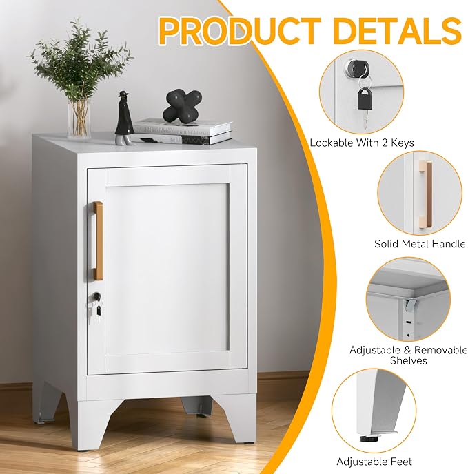 23.6" H White Metal Locker Nightstand with 1 Lockable Door and 1 Adjustable Shelf, Small Storage Cabinet with Detachable Legs and Vintage Handle for Home Office,Living Room or Bedroom,Easy Assembly