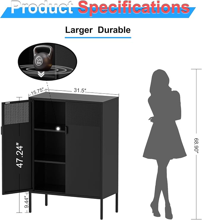 Washsemba 2 Mesh Door Metal Storage Cabinet with Adjustable Shelves, Multipurpose Black Storage Cabinet, 3-Tier Office Cabinet,Metal Storage Cabinet for Office Home,Hallway(Black, 47''H)